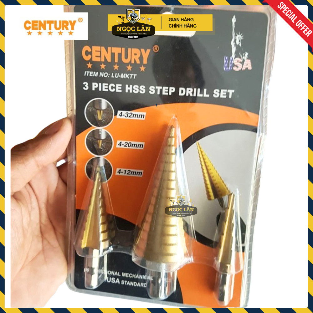 Bộ 3 mũi khoan tháp bước Century thép HSS 4-12mm, 4-20mm, 4-30mm - Ảnh 8