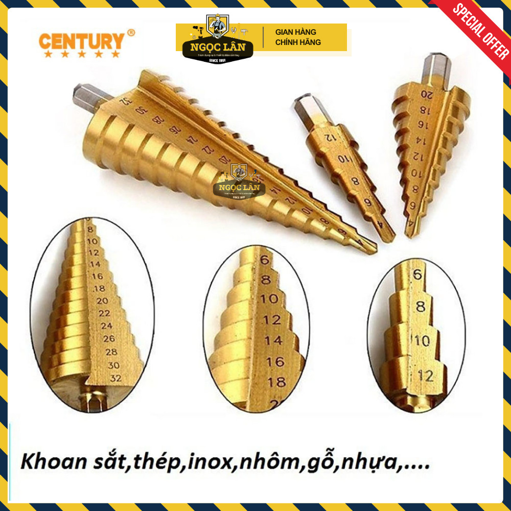 Bộ 3 mũi khoan tháp bước Century thép HSS 4-12mm, 4-20mm, 4-30mm - Ảnh 4