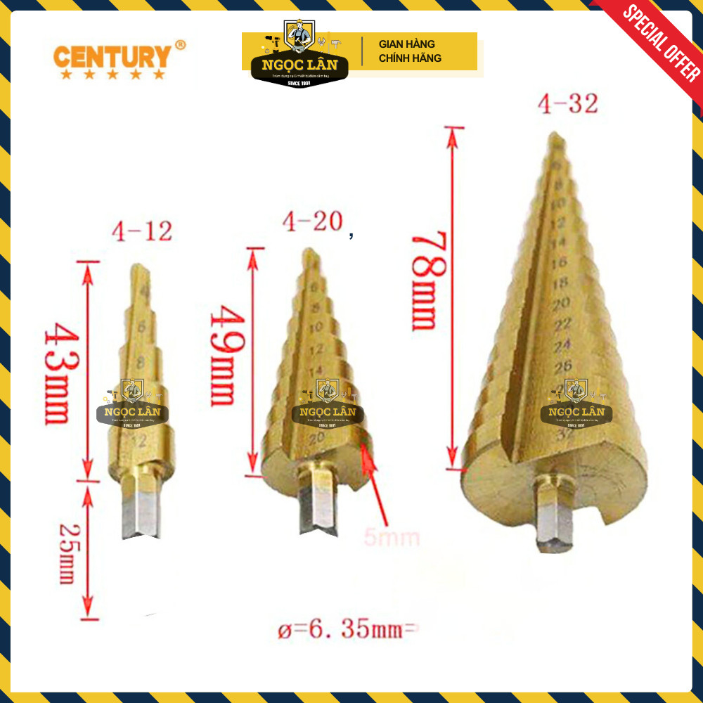 Bộ 3 mũi khoan tháp bước Century thép HSS 4-12mm, 4-20mm, 4-30mm - Ảnh 5