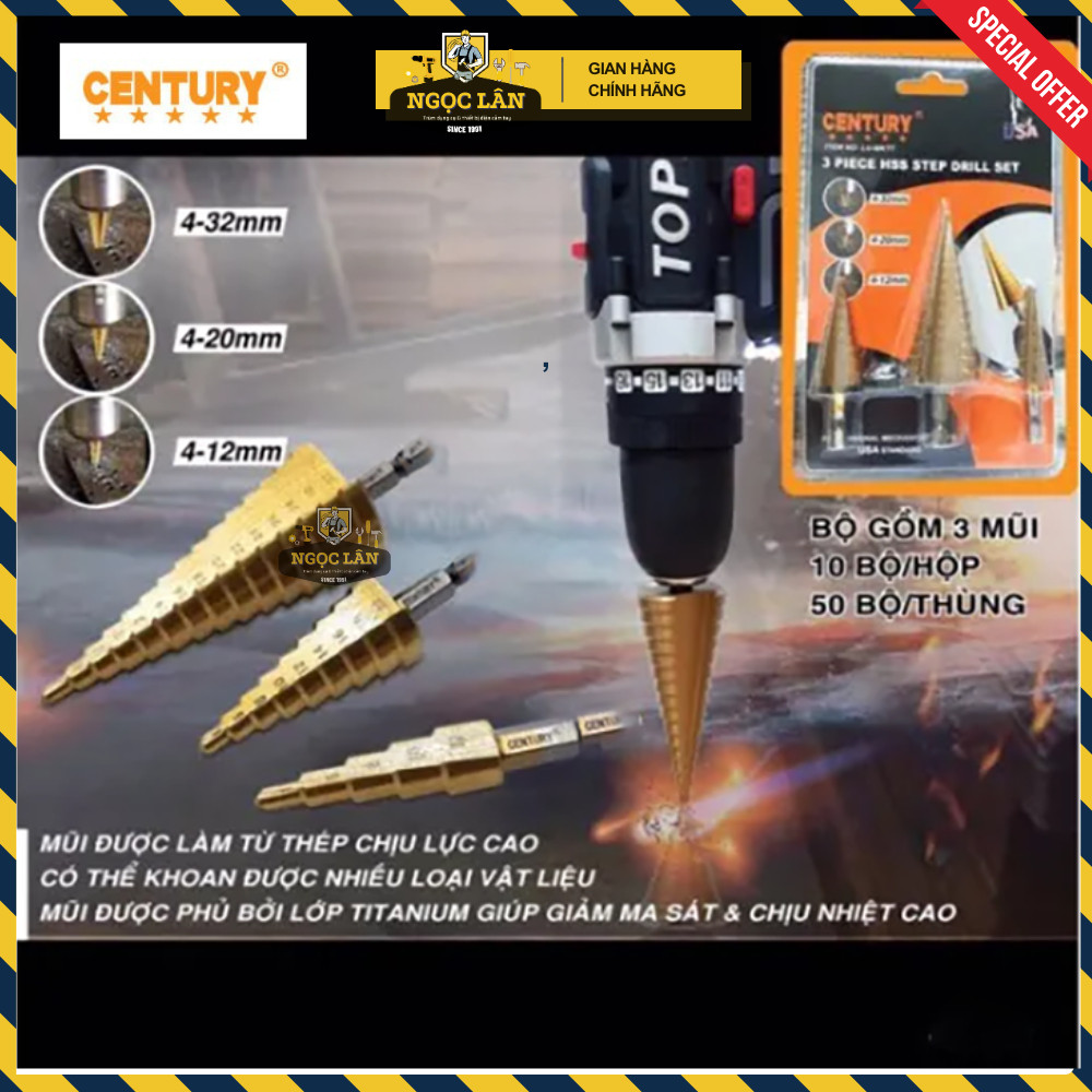 Bộ 3 mũi khoan tháp bước Century thép HSS 4-12mm, 4-20mm, 4-30mm - Ảnh 7