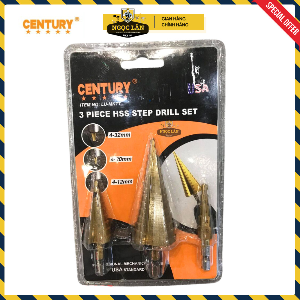 Bộ 3 mũi khoan tháp bước Century thép HSS 4-12mm, 4-20mm, 4-30mm - Ảnh 9