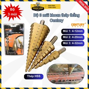 Bộ 3 mũi khoan tháp bước Century thép HSS 4-12mm, 4-20mm, 4-30mm