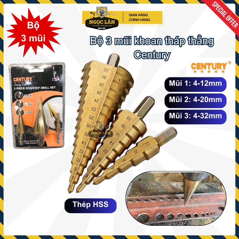 Bộ 3 mũi khoan tháp bước Century thép HSS 4-12mm, 4-20mm, 4-30mm