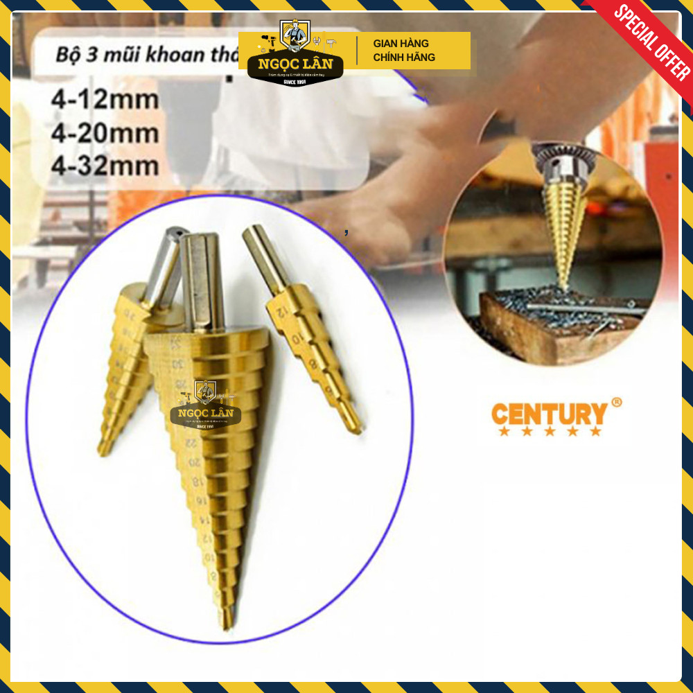 Bộ 3 mũi khoan tháp bước Century thép HSS 4-12mm, 4-20mm, 4-30mm - Ảnh 6