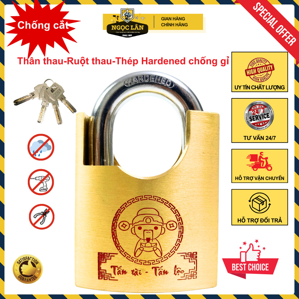 Khóa chống cắt 6cm KCL Thần tài, thân/ruột thau, thép hardened, chống nước