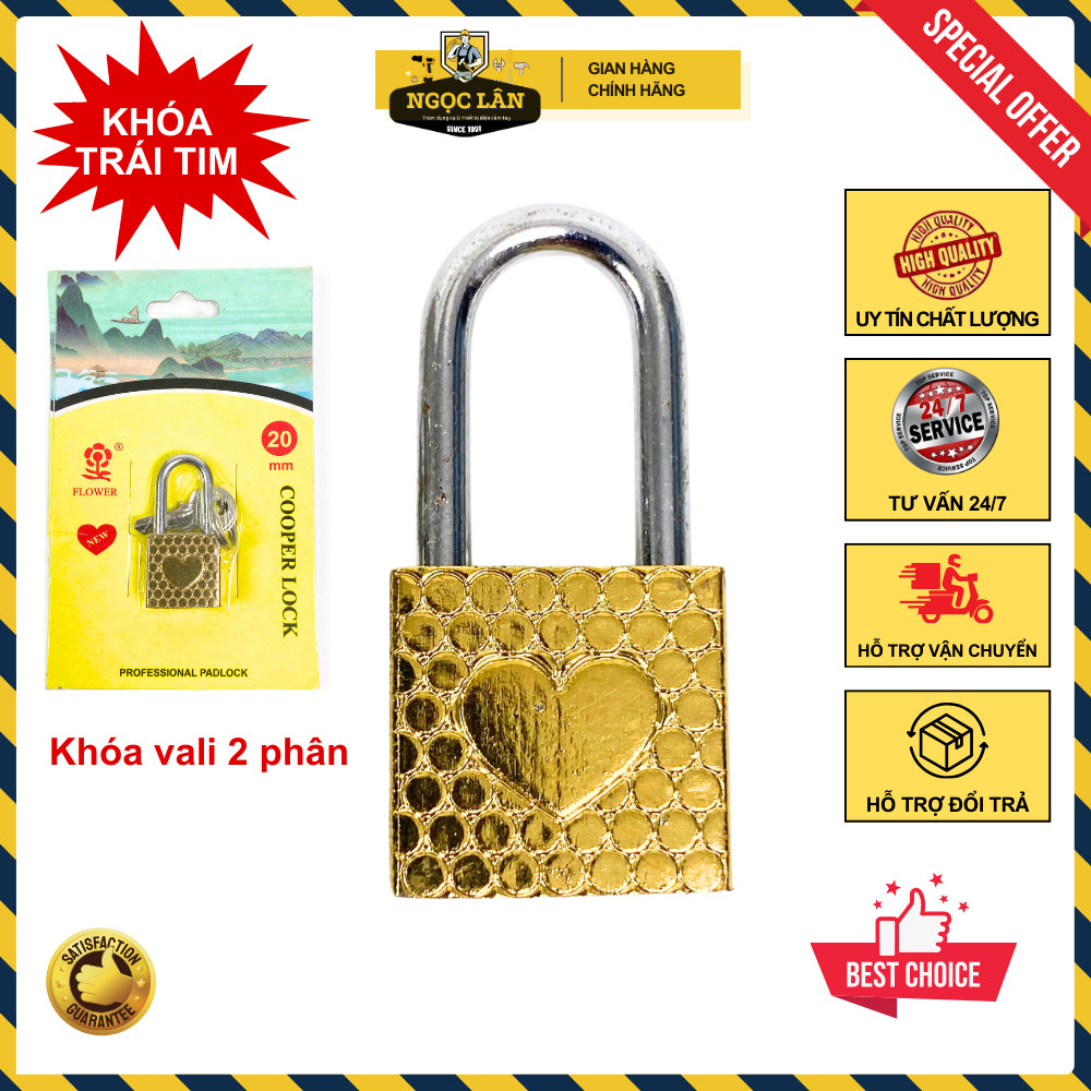 Ổ khóa mini 2 phân khóa vali, tủ nhỏ, hình Trái tim, kèm 2 chìa