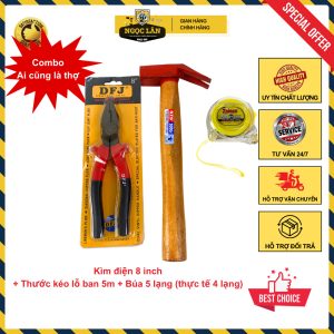 Combo DFJ: Kìm điện 8", Búa nhổ đinh 5 lạng, Thước Lỗ Ban 5m/7.5m vỏ trong
