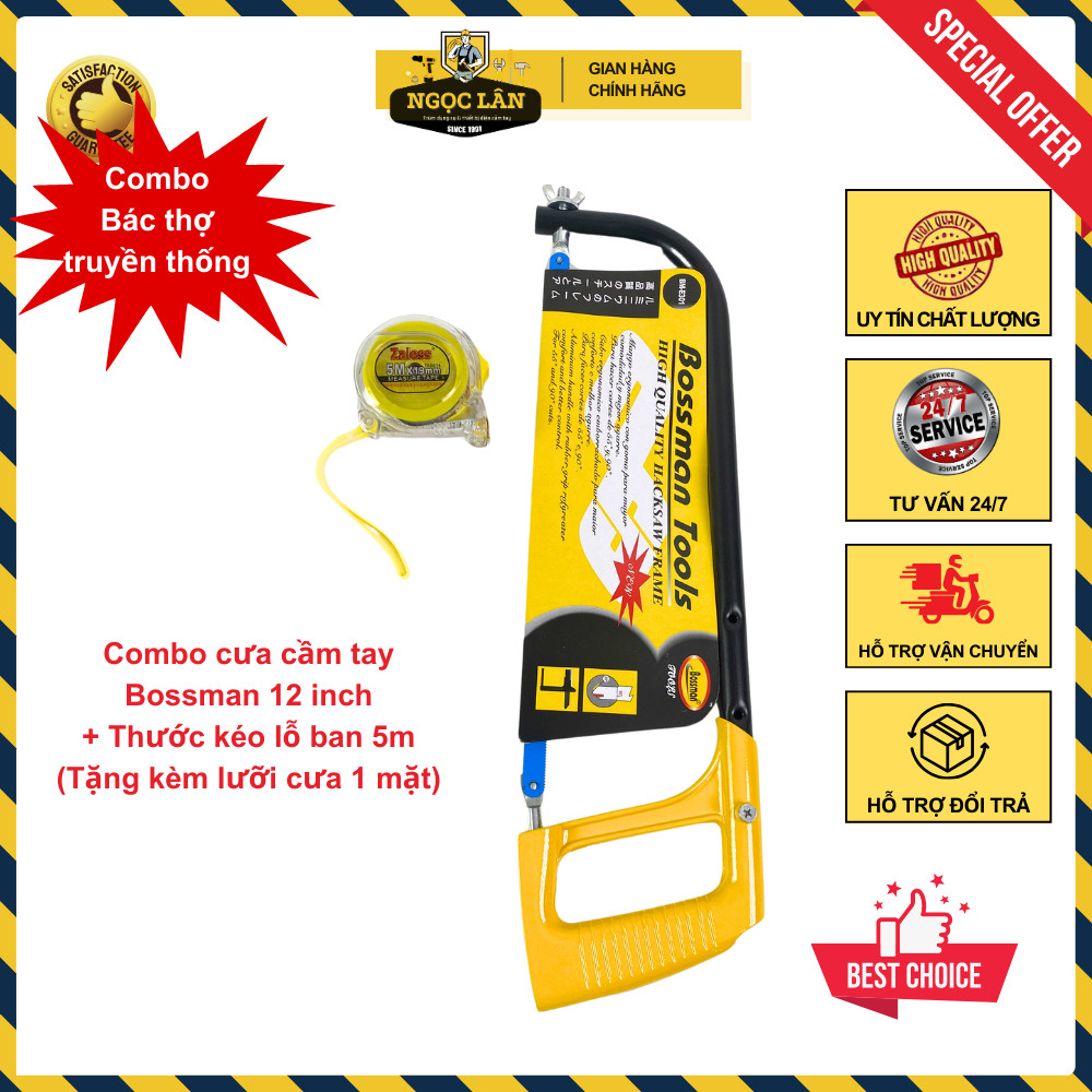 Combo Khung cưa Bossman 8-12inch, Thước kéo Lỗ Ban 5m, cưa ống sắt, đo đạc