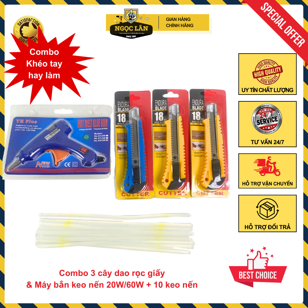Combo Dụng cụ bắn keo nến, 3 Dao rọc giấy 18mm, 10 Keo nến