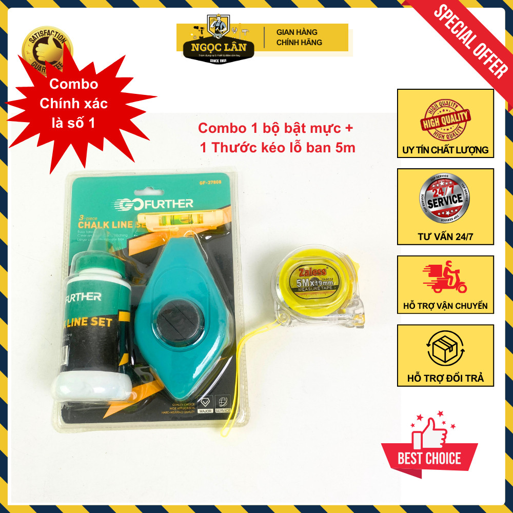 Combo Bộ Bật Mực Dây 30m và Thước Kéo Lỗ Ban 5m Nhựa Trong