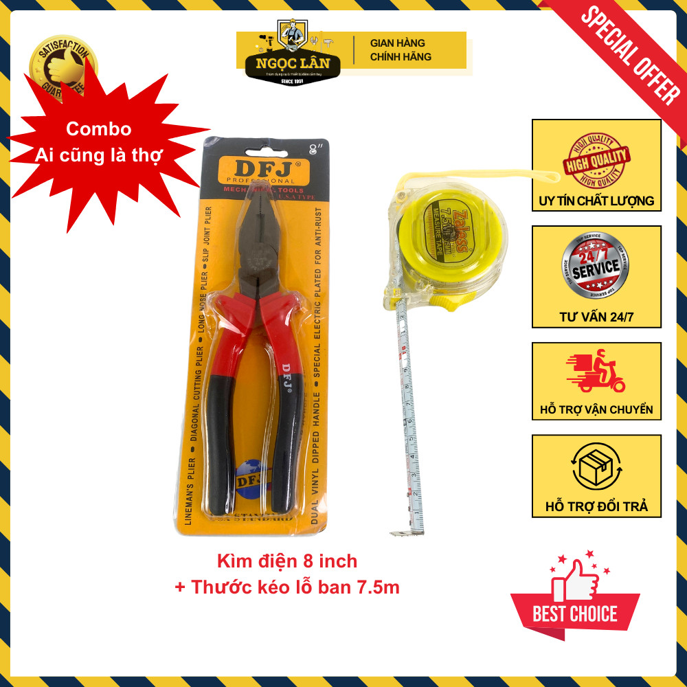 Combo Kìm điện DFJ 8 inch, Thước kéo Lỗ Ban 7.5m nhựa trong