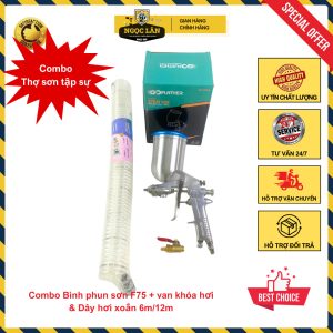 Combo Dụng cụ phun sơn F75, Dây hơi xoắn 6m/12m, Van khóa hơi 1/4