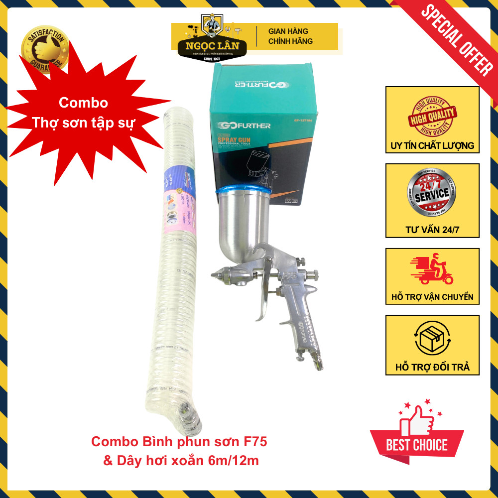 Combo Dụng cụ phun sơn F75, Dây hơi xoắn 6m/12m, Van khóa hơi 1/4 - Ảnh 2