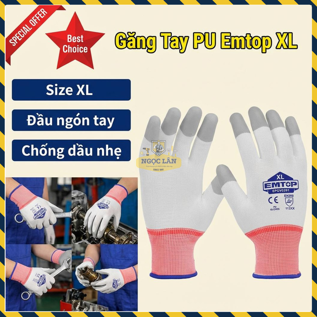 Găng Tay Phủ Pu Emtop Epgv0201 Size XL Chống Dầu Đầu Ngón Tay