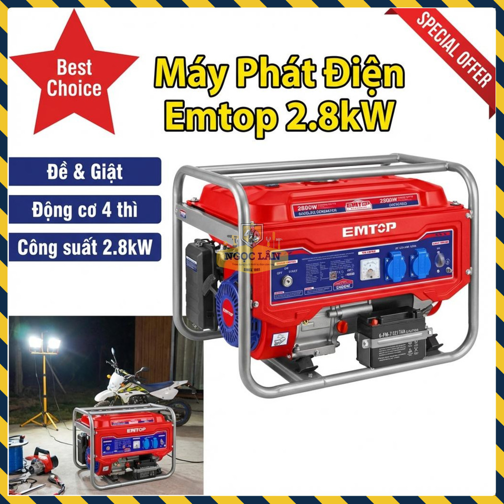 Máy Phát Điện Xăng Emtop EGGRD2822, 2.8kW, Giật Nổ + Đề Điện