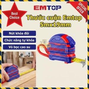 Thước Cuộn Vỏ Cao Su Emtop 5mx19mm Tự Khóa Nút Khóa Đôi EMTP2519