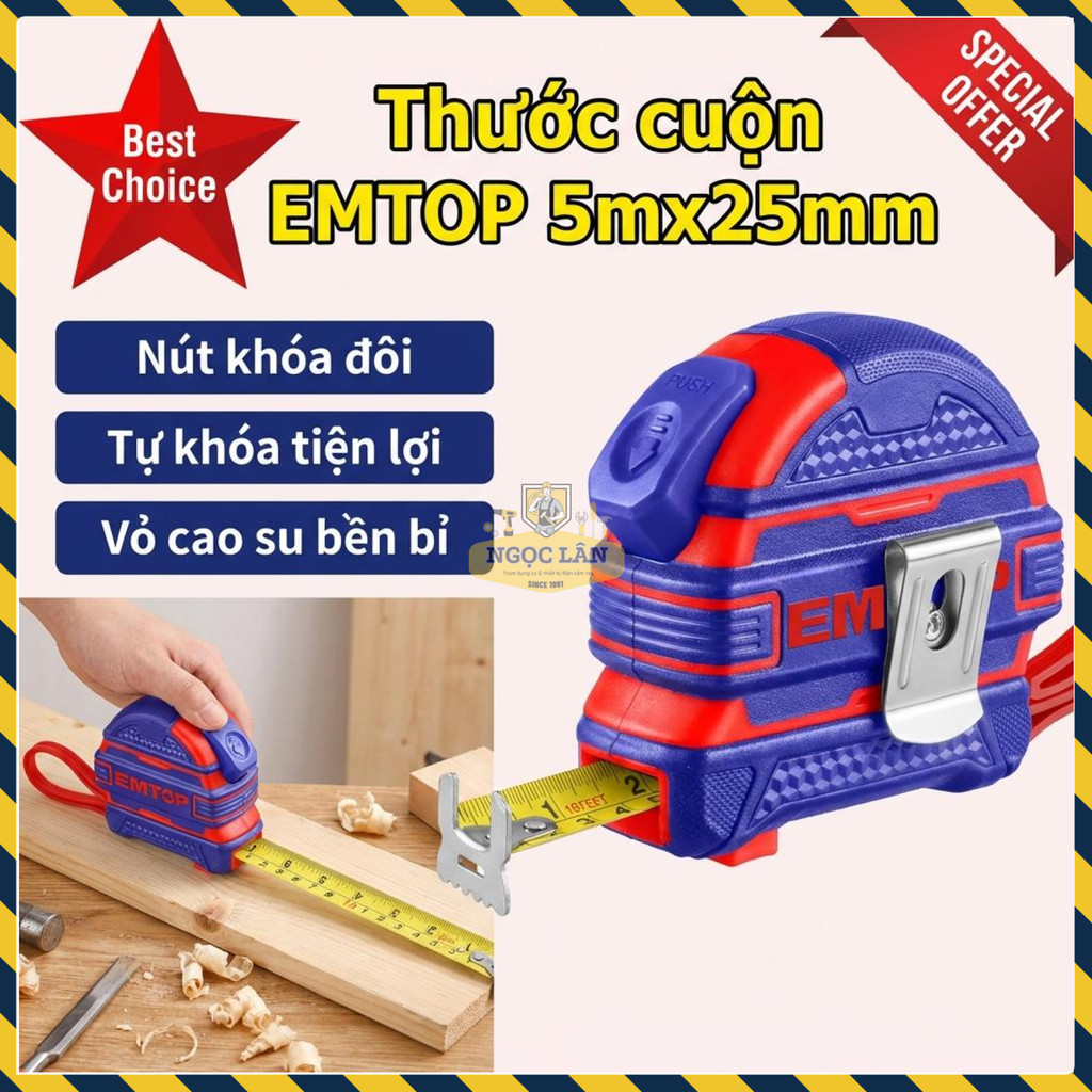 Thước Cuộn Tự Khóa Emtop 5mx25mm Vỏ Cao Su EMTP2525M