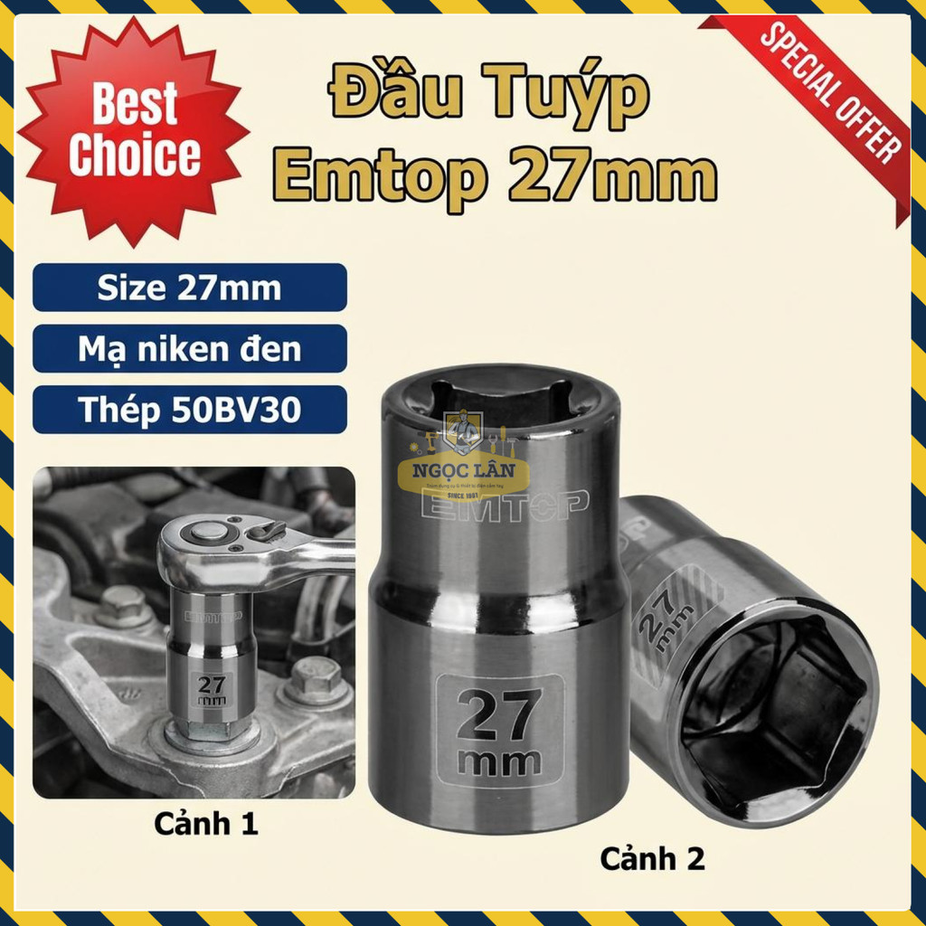 Đầu Tuýp Emtop 1/2" 27mm Mạ Niken Đen Chống Gỉ Sét (ESCT12271)