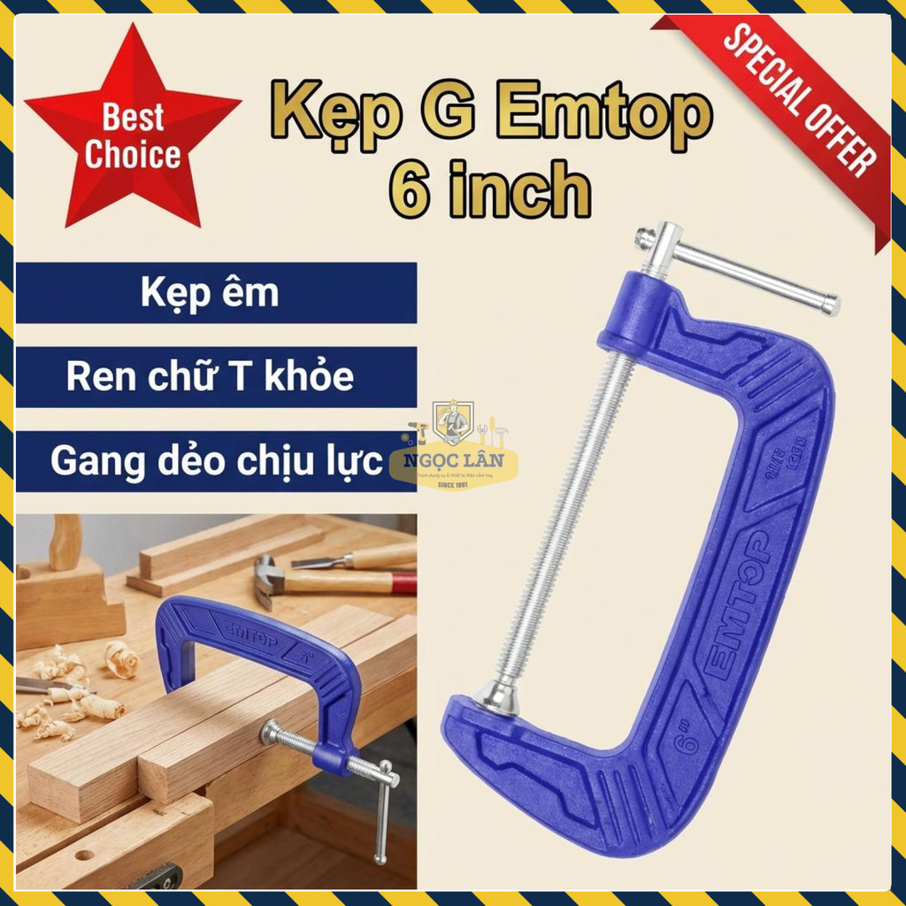 Kẹp G Gang Dẻo Emtop 6 Inch/150mm Ren Hình Chữ T (ECLPG0601)