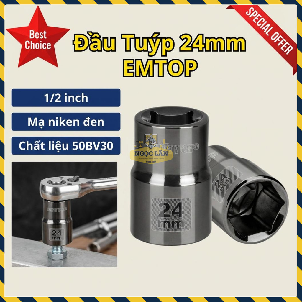 Đầu Tuýp Emtop 1/2 Inch 24mm 50BV30 Niken Đen ESCT12241