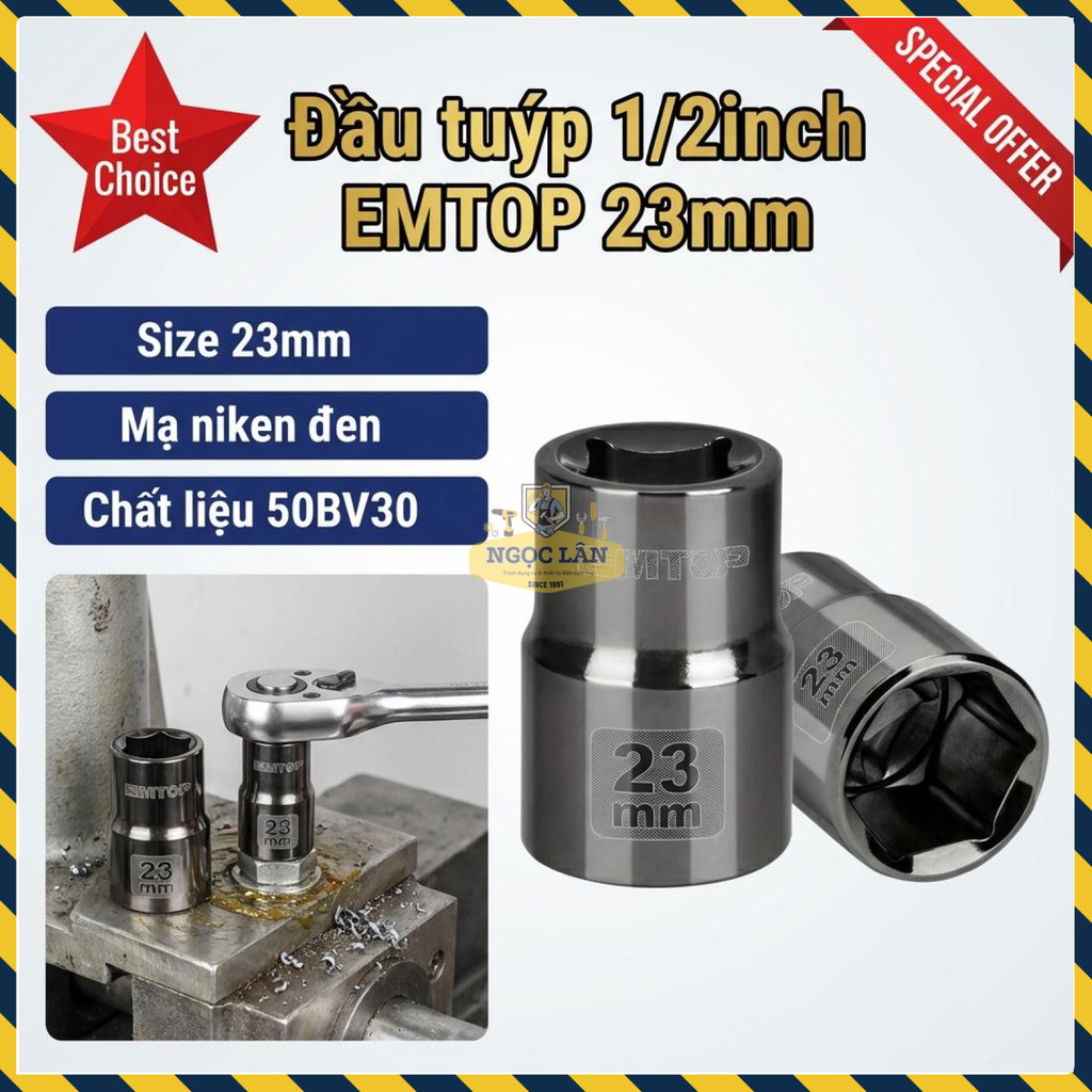 Đầu Tuýp EMTOP 1/2 Inch 23mm, Mạ Niken Đen (ESCT12231)