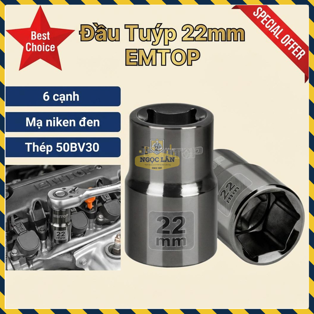Đầu Tuýp EMTOP 1/2 Inch 22mm 6 Cạnh Mạ Niken Đen