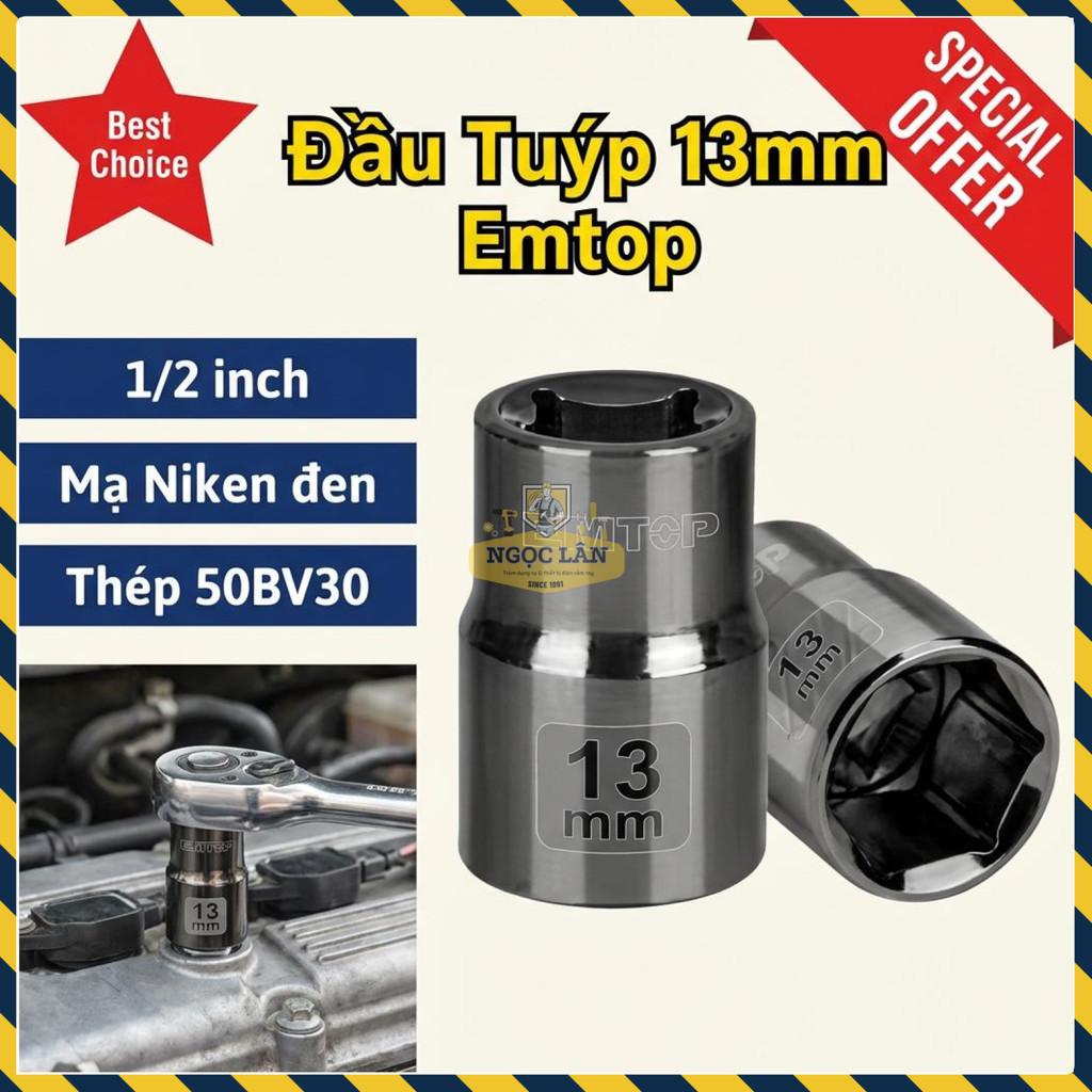 Chào bạn, tên sản phẩm chuẩn SEO từ tên gốc là:
Đầu Tuýp EMTOP 1/2 Inch 13mm 50BV30 Mạ Niken Đen (ESCT12131)