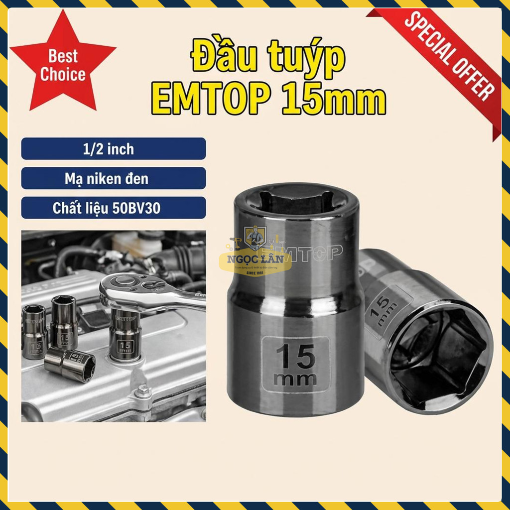 EMTOP Đầu Tuýp 1/2" 15mm Mạ Niken Đen (ESCT12151)