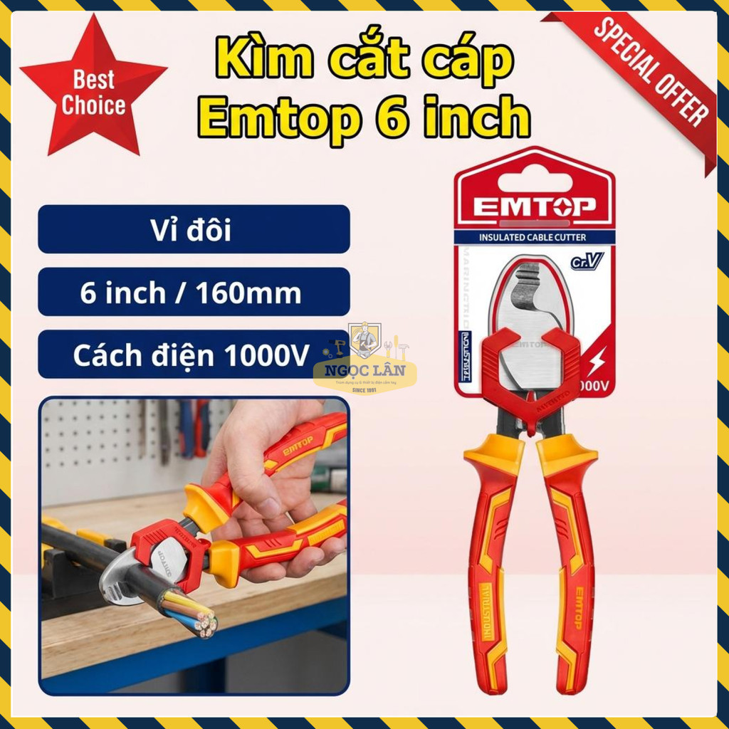 Kìm Cắt Cáp Cách Điện EMTOP 6" 160mm EPLRCB0631