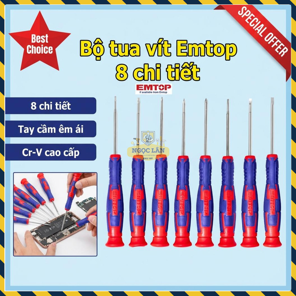 Bộ Tua Vít Chính Xác 8 Chiếc EMTOP Cr-V Cao Cấp (ESSTP0802)
