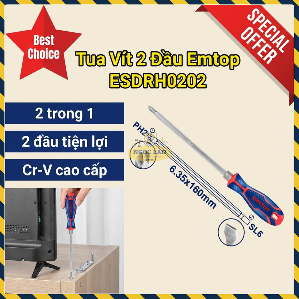 Tua Vít EMTOP 2 Đầu Phillips Dẹp 160mm ESDRH0202 2 Trong 1