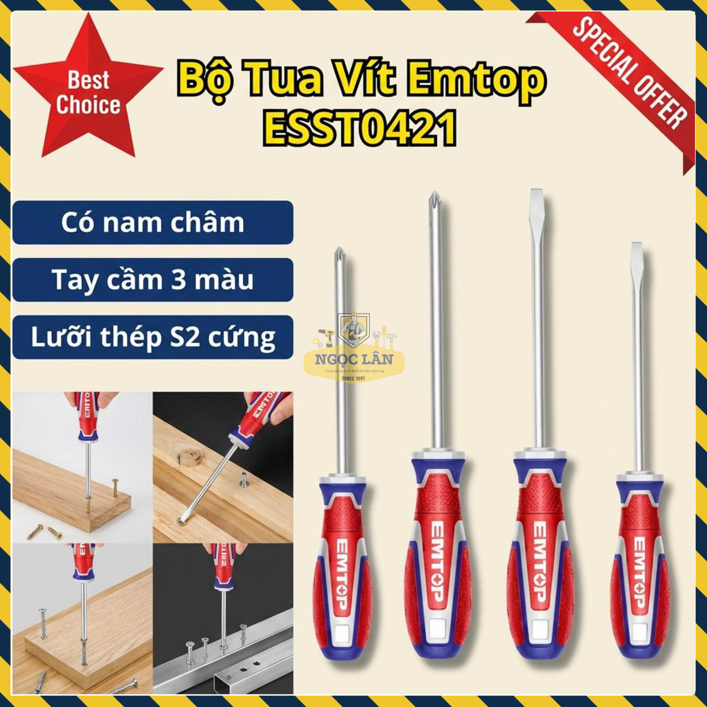 Bộ Tua Vít EMTOP 4 Chiếc Lưỡi S2 Tay Cầm Ba Màu ESST0421