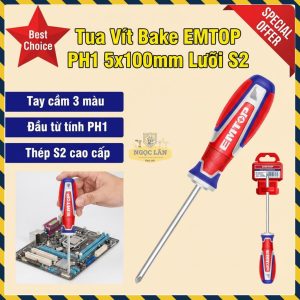 Tua Vít Bake PH1 EMTOP 5x100mm Lưỡi S2 Đầu Từ Tính, Tay 3 Màu (ESDPH1100)