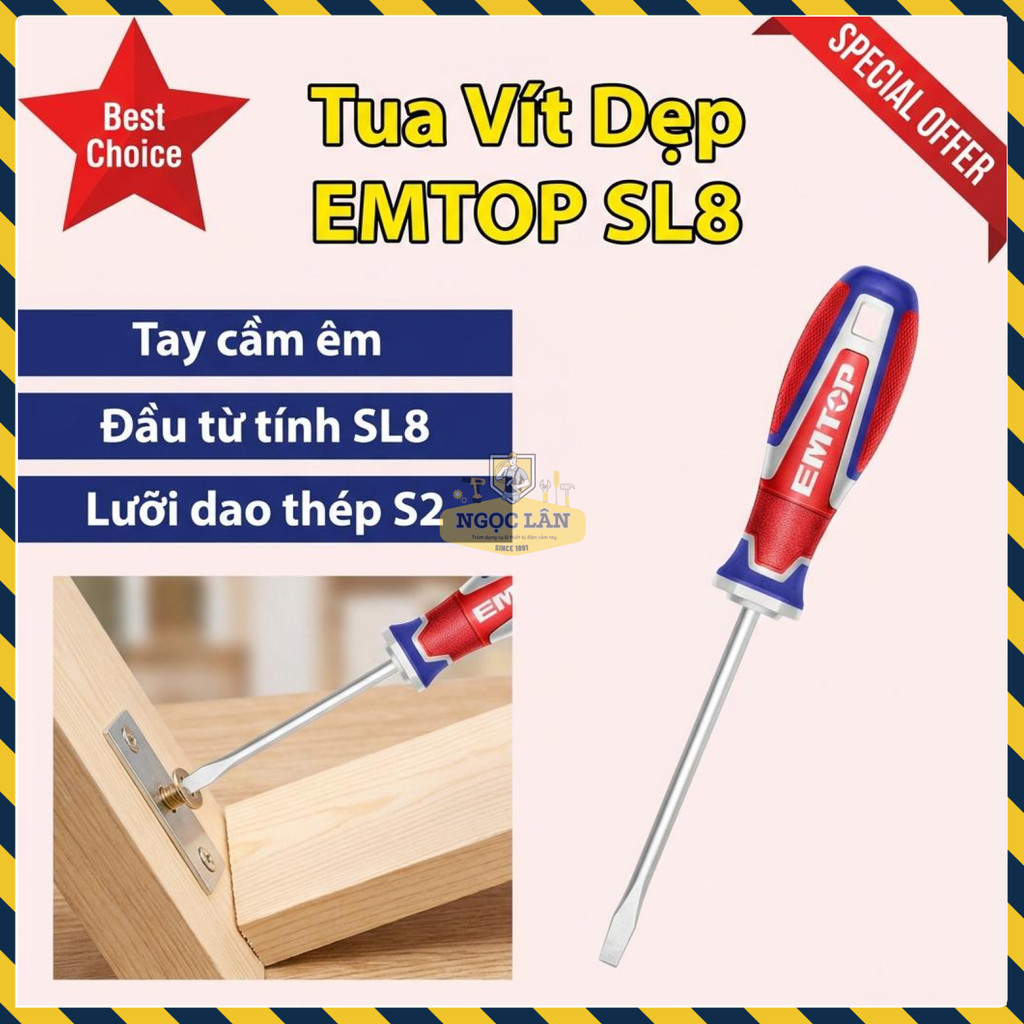 Tua Vít Đầu Dẹp Từ Tính EMTOP SL8 8x200mm Lưỡi S2 (ESDSL8200)