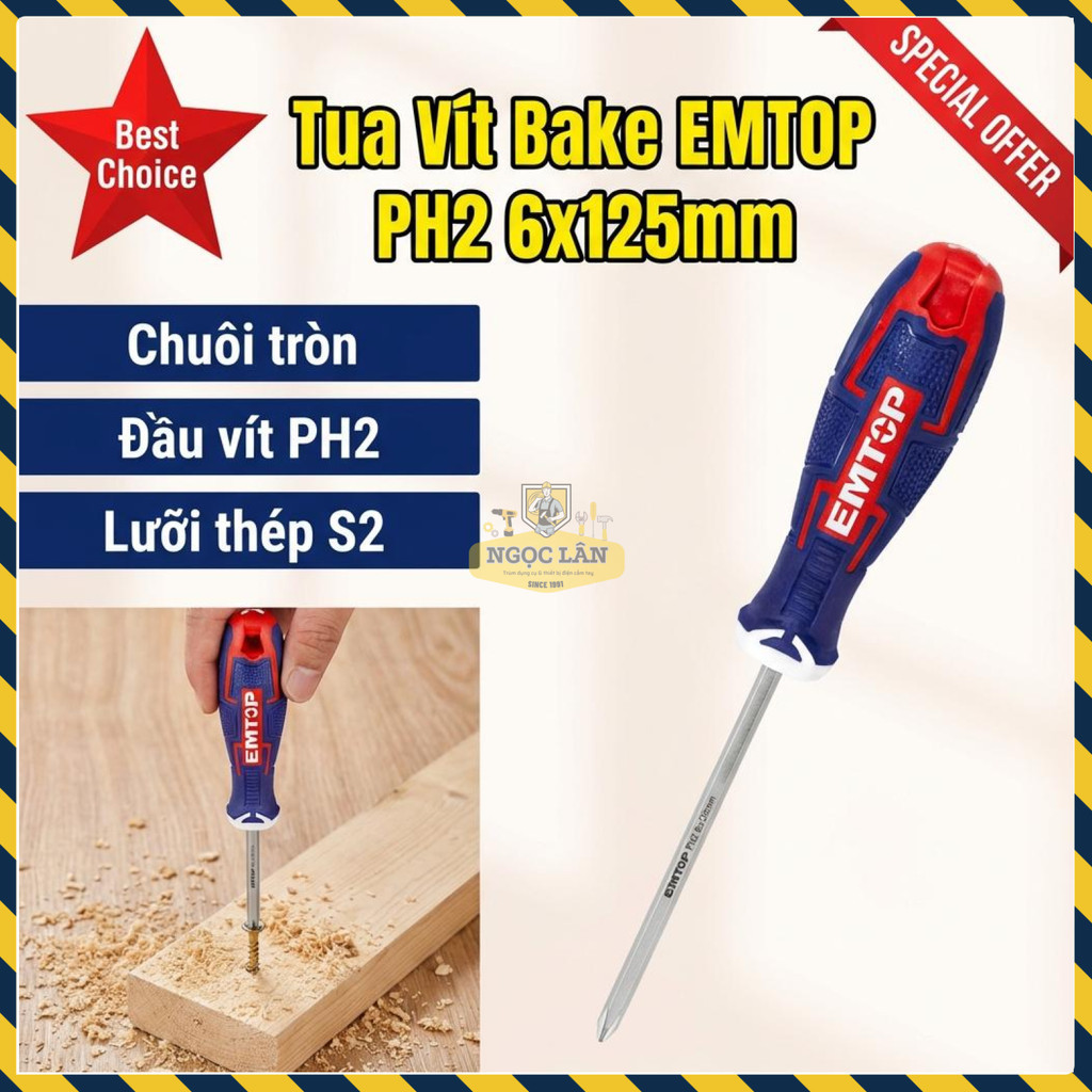 Tua Vít Phillips EMTOP PH2 S2 6x125mm Chuôi Tròn ESDRPH2502