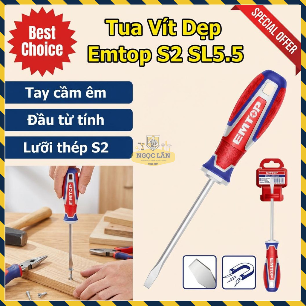 EMTOP Tua Vít Dẹp 5.5x100mm Lưỡi S2 SL5.5 Từ ESDSL5100