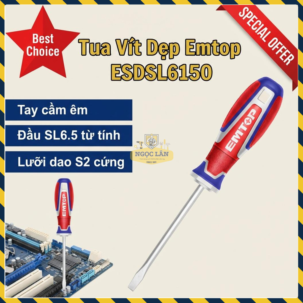 Tua Vít Dẹp SL6.5 EMTOP 6.5x150mm Lưỡi S2 ESDSL6150