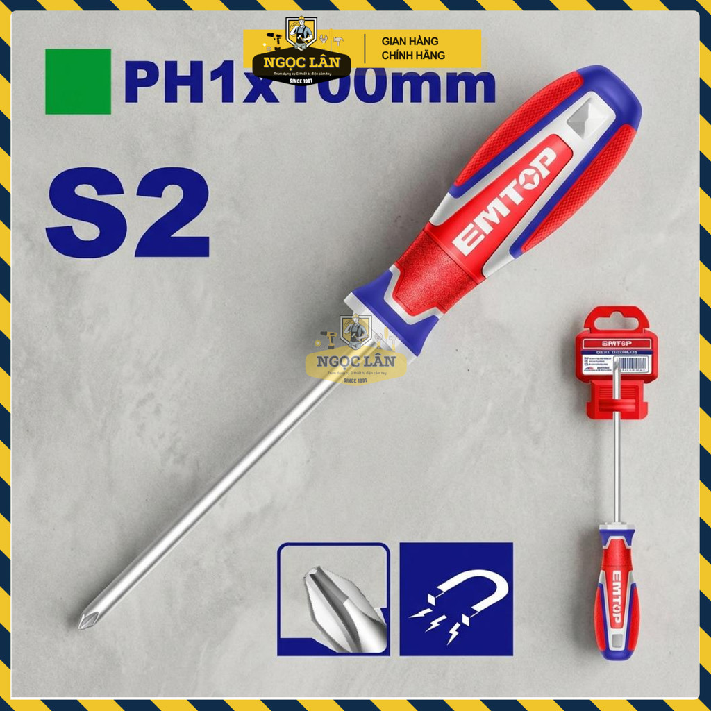Tua Vít Bake PH1 EMTOP 5x100mm Lưỡi S2 Đầu Từ Tính, Tay 3 Màu (ESDPH1100) - Ảnh 2