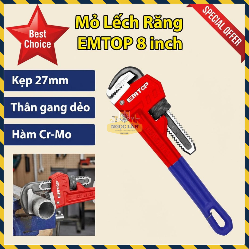 Mỏ Lếch Răng EMTOP EPWH0801 8 inch, Hàm Cr-Mo, Thân Gang Dẻo