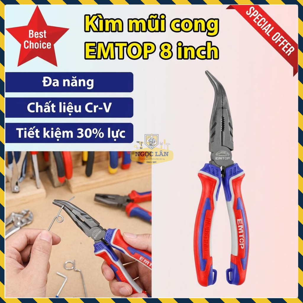 Kìm Mũi Cong Trợ Lực 30% 8 Inch EMTOP (EPLRB0821)