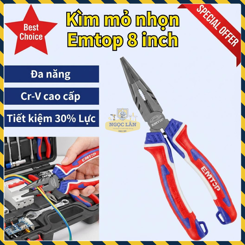EMTOP Kìm Mỏ Nhọn Trợ Lực 30% 8 inch EPLRL0821