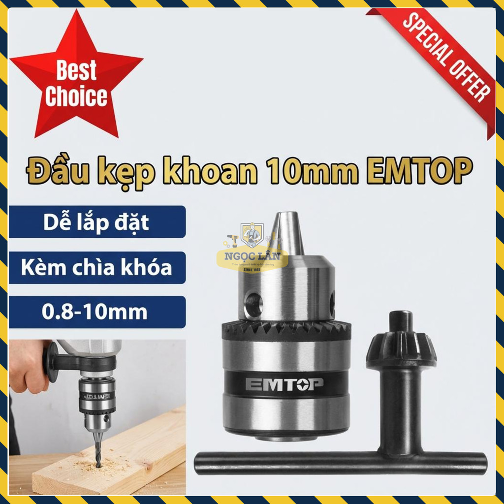 Đầu Kẹp Khoan EMTOP 10mm Kèm Chìa Khóa Vặn (EKCK1001)