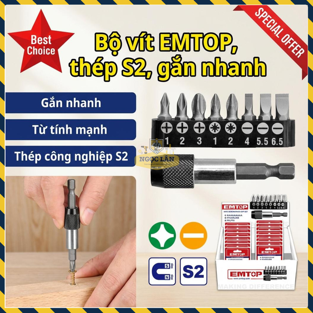 EMTOP Bộ 9 Đầu Vít Thép S2 Gắn Nhanh (ESBT30091)