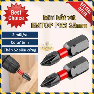 Mũi Bắt Vít Tác Động EMTOP PH2 25mm, 2 Cái ESBTM5PH225
