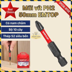 Mũi Bắt Vít Tác Động PH2 50mm EMTOP, Bộ 10 Cái, ESBTMPH223