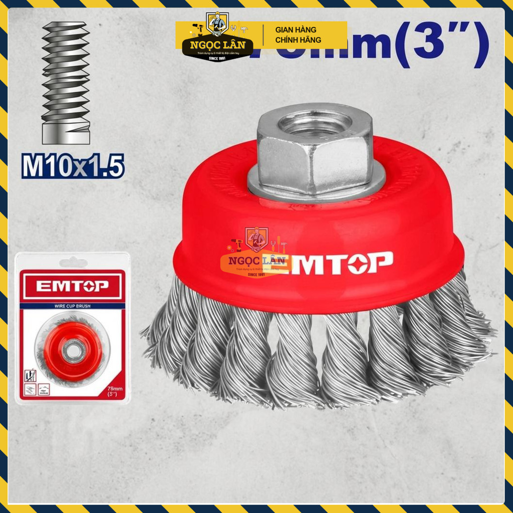Chén Cước Xoắn EMTOP 75mm M10x1.5 Đánh Nhám Rỉ Sét EWCB70755 - Ảnh 2