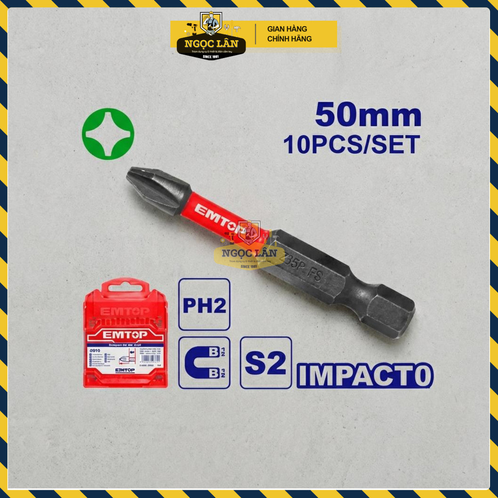 Mũi Bắt Vít Tác Động PH2 50mm EMTOP, Bộ 10 Cái, ESBTMPH223 - Ảnh 2
