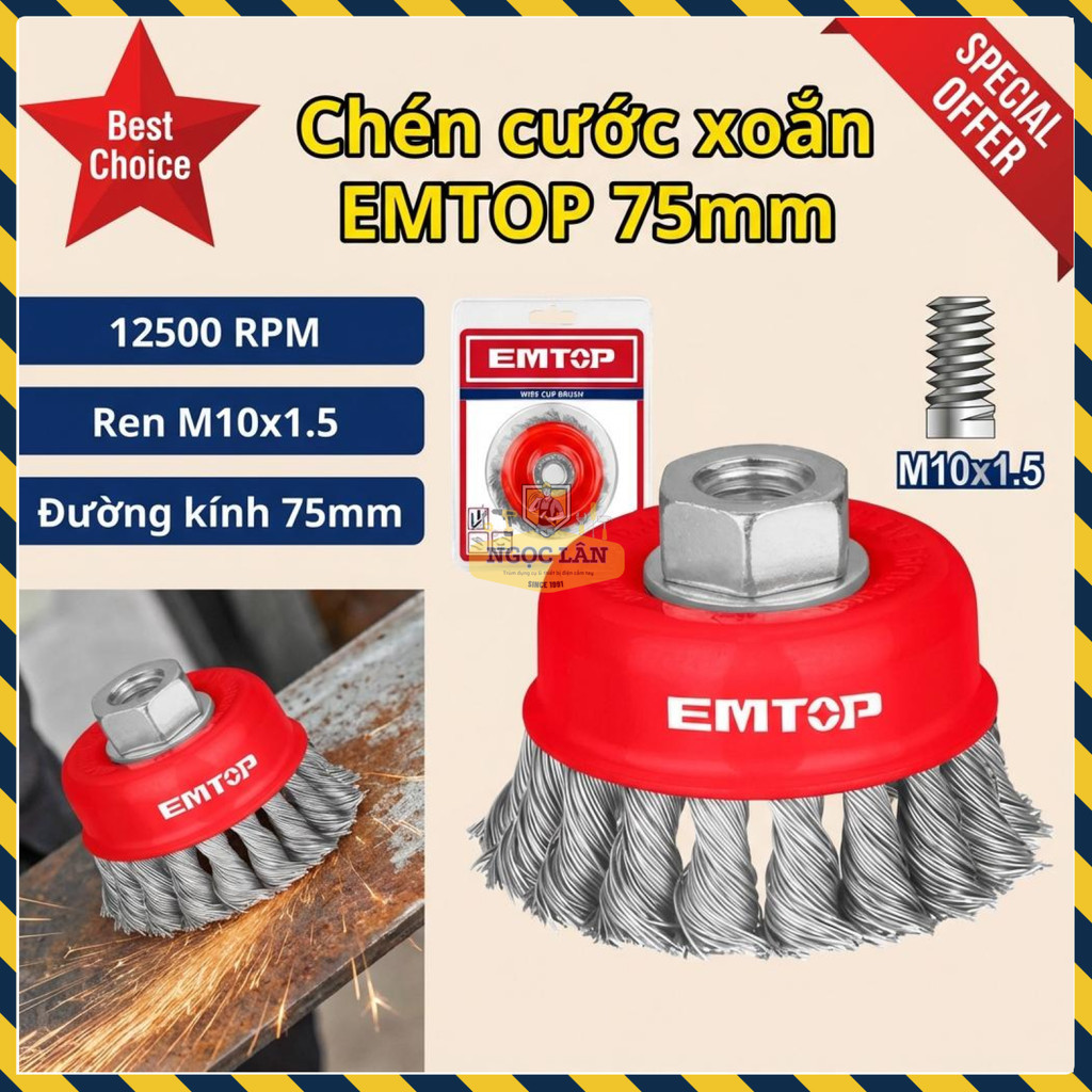 Chén Cước Xoắn EMTOP 75mm M10x1.5 Đánh Nhám Rỉ Sét EWCB70755