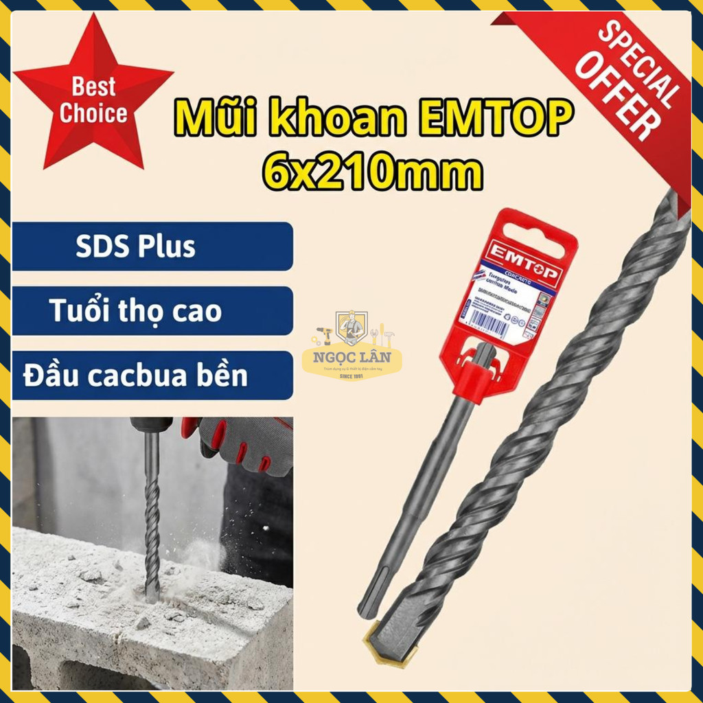 Mũi Khoan Bê Tông EMTOP SDS Plus Đuôi Gài 6x210mm (EHDR10603)