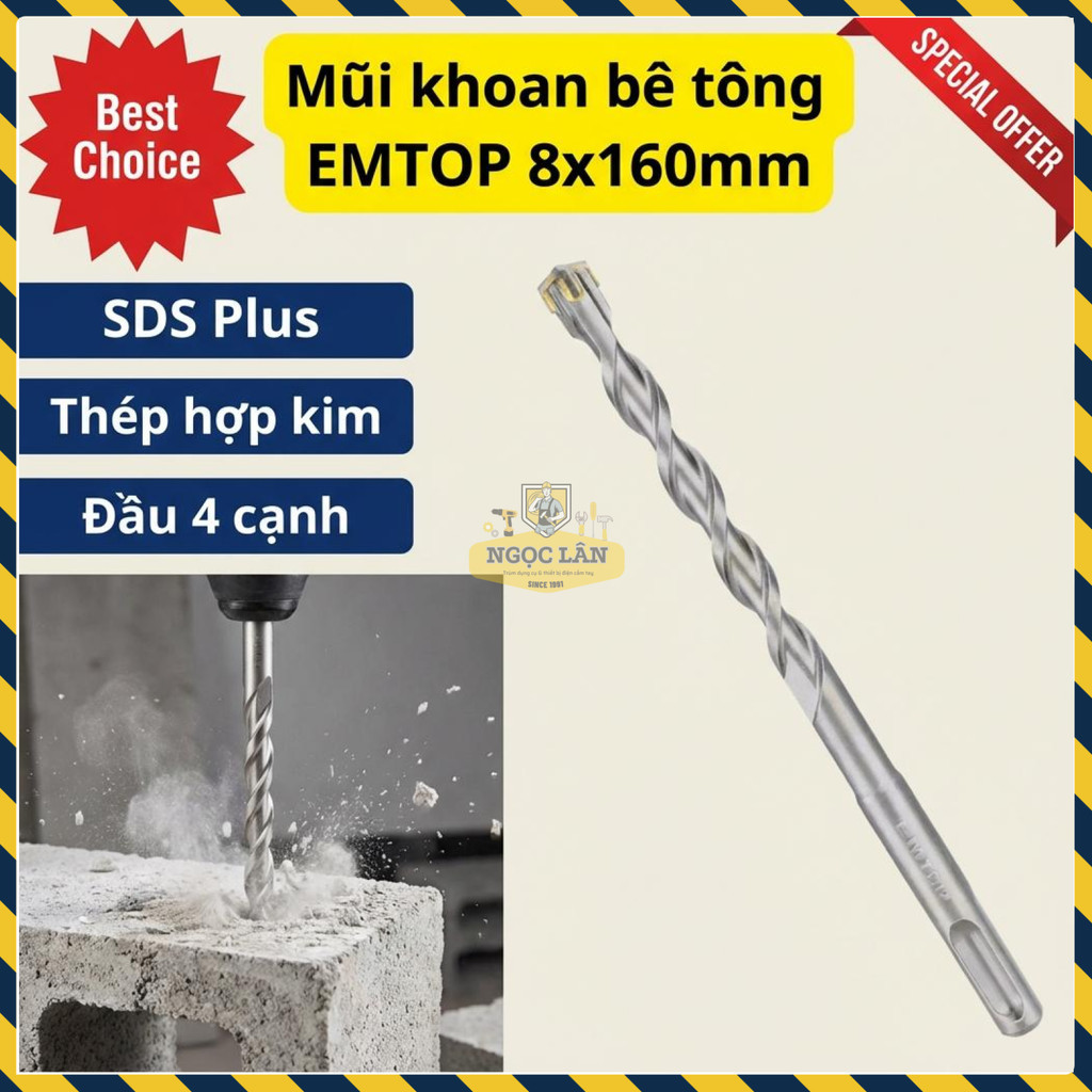 Mũi Khoan Bê Tông EMTOP Đầu 4 Cạnh SDS Plus 8x160mm EHDR220802